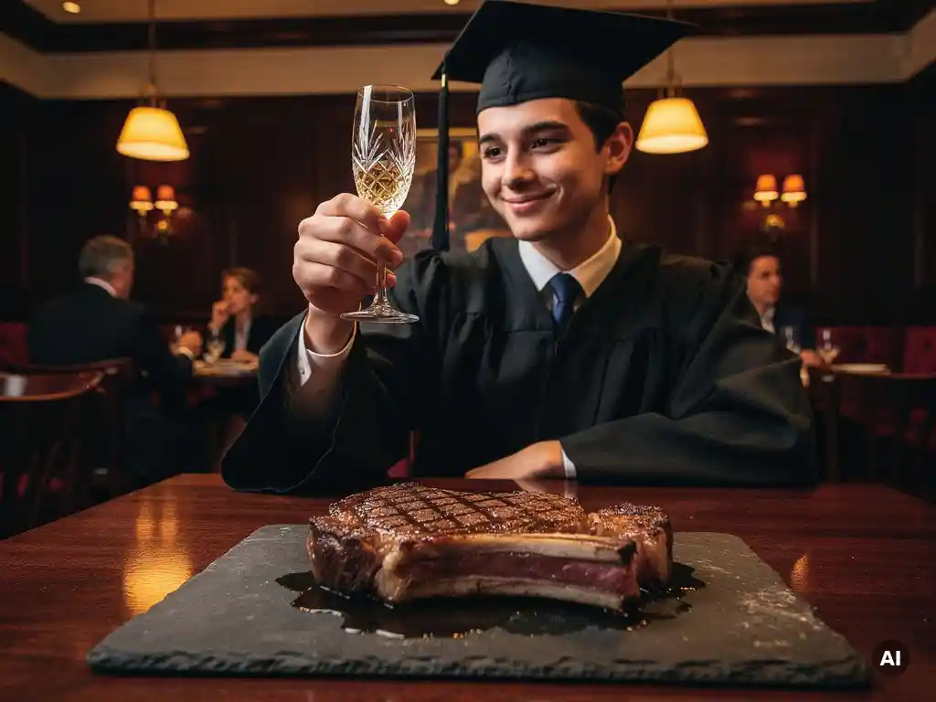 Afgestudeerde in toga heft champagneglas bij kaarslicht in steakhouse, met gegrild ribeye-steak op leisteen bord op de voorgrond.