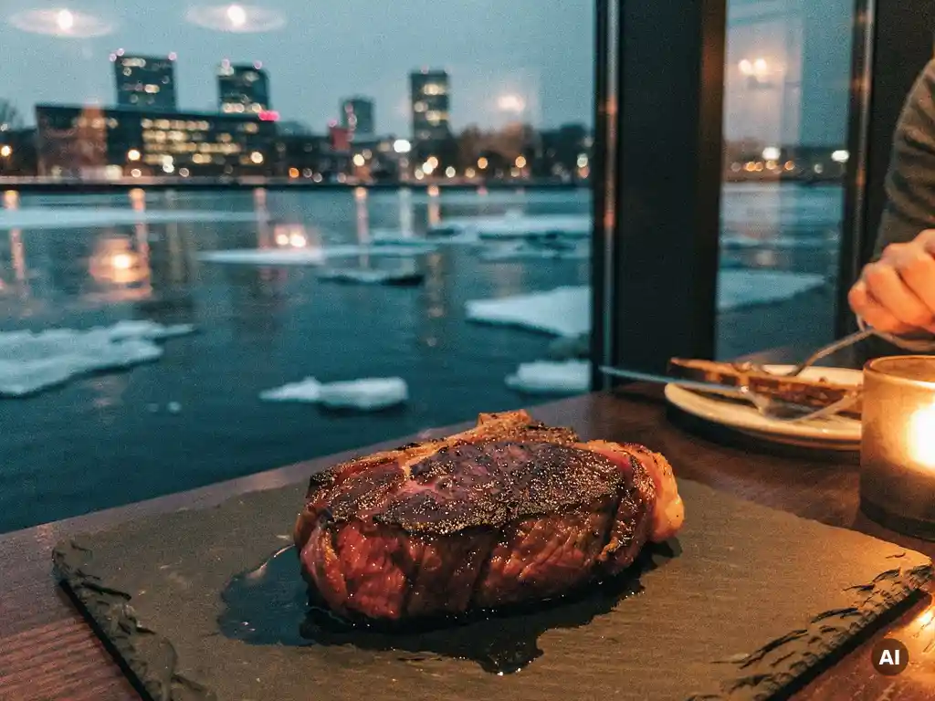 Dik gesneden, perfect dichtgeschroeid steak op leisteen bord, met uitzicht op het IJ en de skyline van Amsterdam-Noord bij kaarslicht.