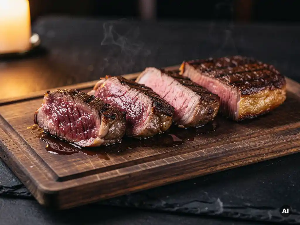Houten serveerbord met vier gesneden steaks in verschillende gaarheden — rare, medium en well-done — bij kaarslicht op een donkere leisteen tafel.
