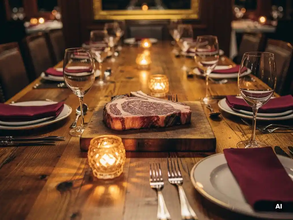 Rustieke eiken eettafel met dry-aged ribeye op houten plank, elegante borden, bordeauxrode servetten en kaarslicht in steakhouse sfeer.