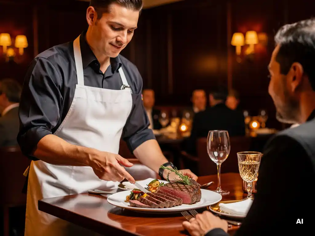 Vleemsommelier in wit schort presenteert dry-aged ribeye aan gast in kaarslicht steakhouse met donker hout en koperaccenten.