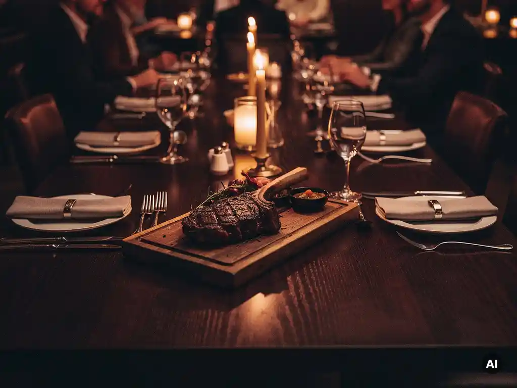 Donkere eiken eettafel voor tien personen met kaarslicht, kristallen wijnglazen en een dry-aged tomahawk steak als middelpunt.