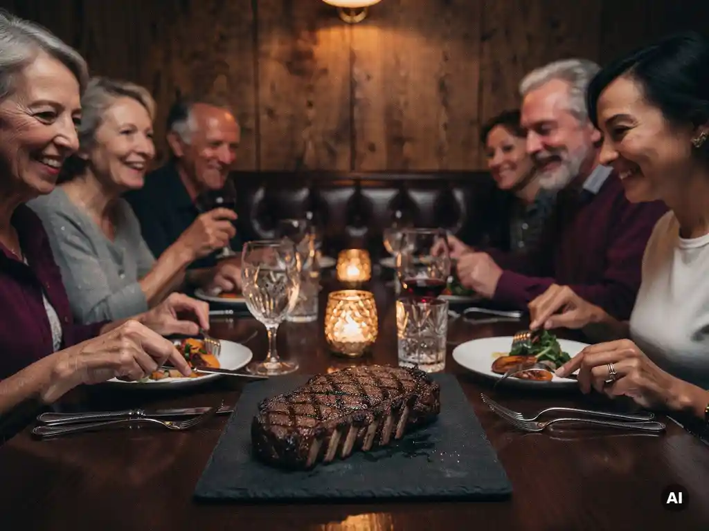 Multigenerationeel gezin rond een gedekte steakhousetafel met een gesneden ribeye op een leisteen plank bij kaarslicht.