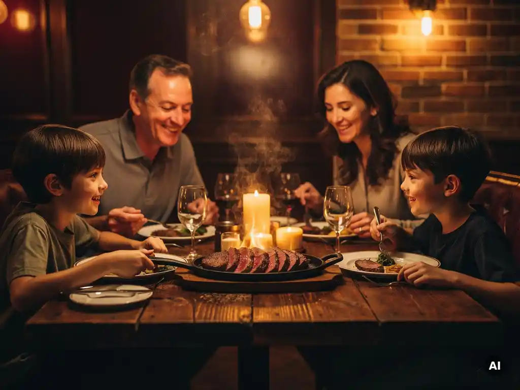 Familie van vier geniet van een sizzling ribeye op gietijzeren schaal bij kaarslicht in een rustiek steakhouse.