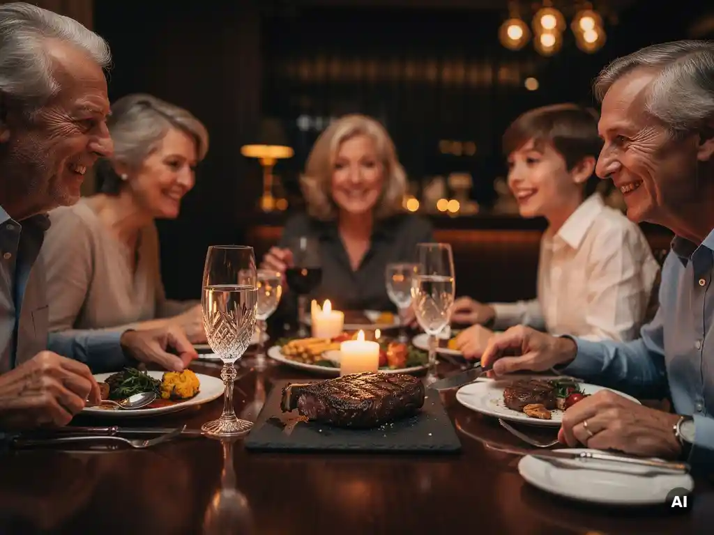 Multigenerationeel gezin rond een houten tafel in een steakhouse, met een gegrilde ribeye op een leisteen bord bij kaarslicht.