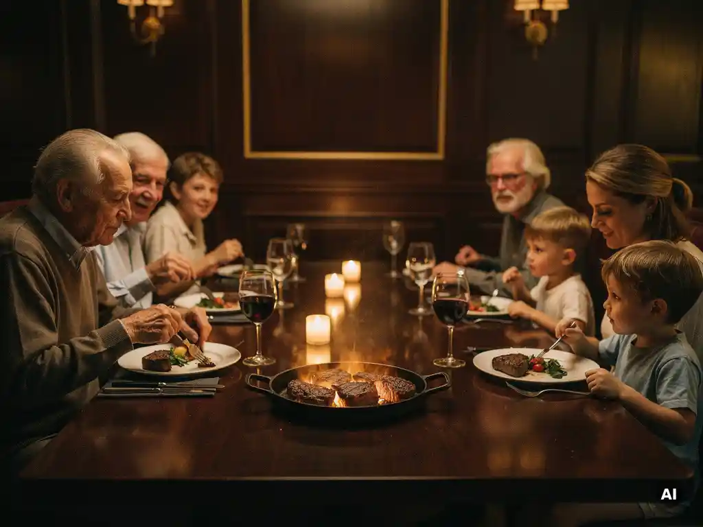 Multigenerationeel gezin rond een restauranttafel met gietijzeren schaal premium steaks, kaarslicht en donker mahoniehout interieur.