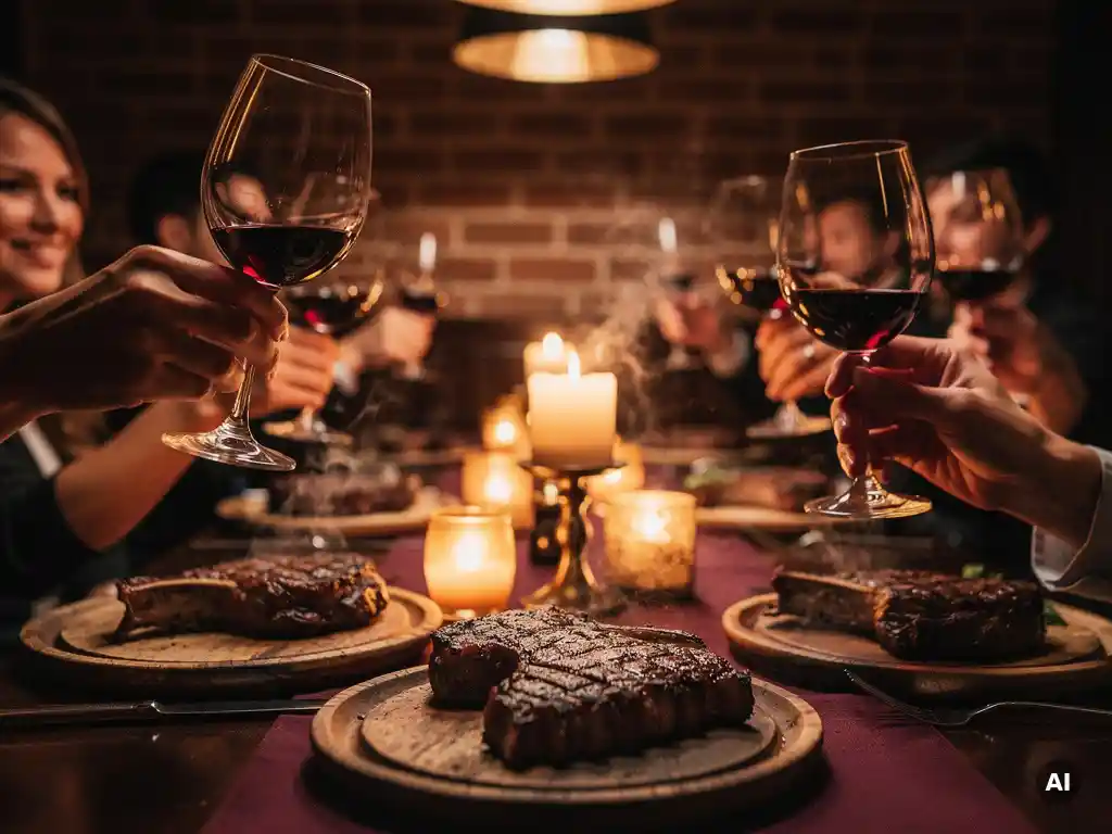 Feestelijke eettafel met gegrilde ribeye steaks, brandende kaarsen en geheven wijnglazen in een sfeervolle houten ruimte met bakstenen muren.