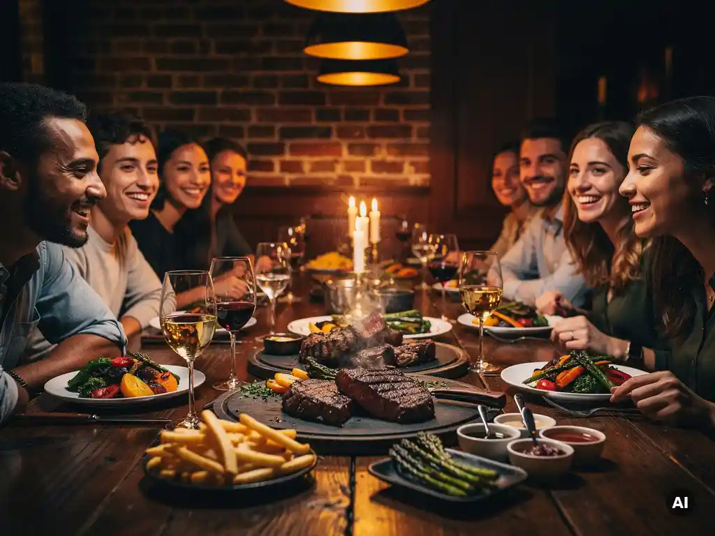 Rustieke houten eettafel met dampende steaks, bijgerechten en wijnglazen bij kaarslicht in een sfeervol restaurant met bakstenen muren.