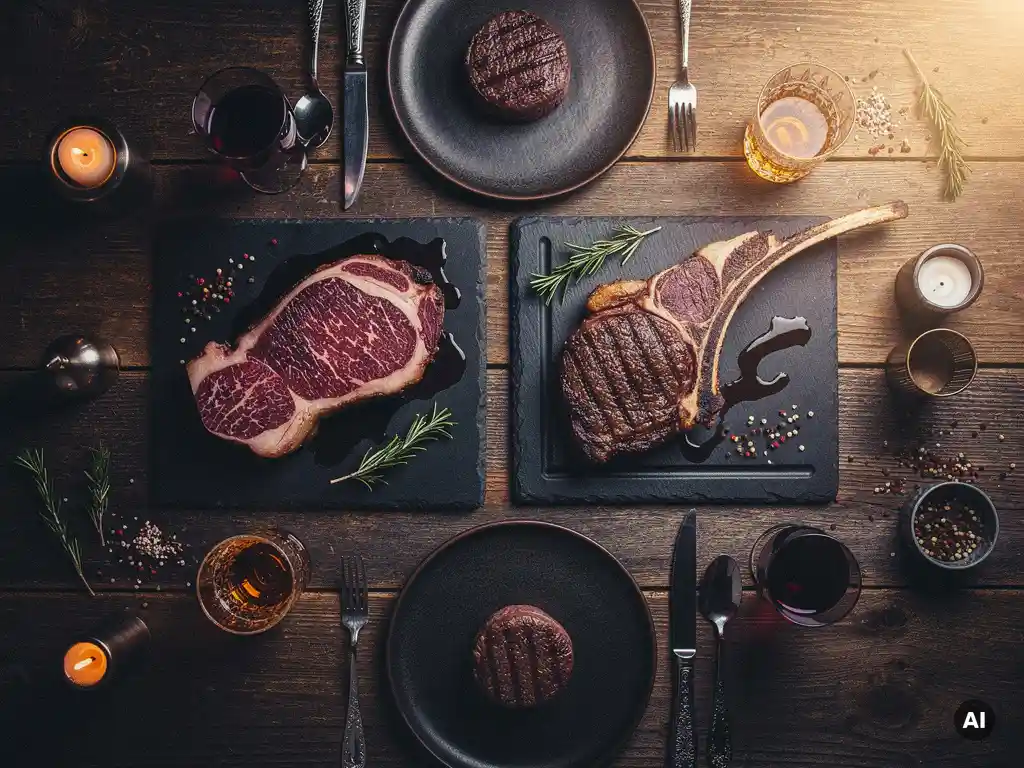 Gedekte steakhousetafel met Wagyu, tomahawk en filet mignon op leistenen planken, verlicht door kaarslicht.