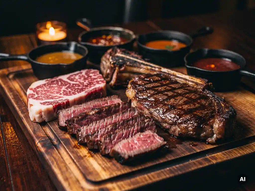 Rustieke houten plank met gesneden Wagyu, ribeye en sirloin steaks, omringd door gietijzeren sauskommetjes in warm kaarslicht.