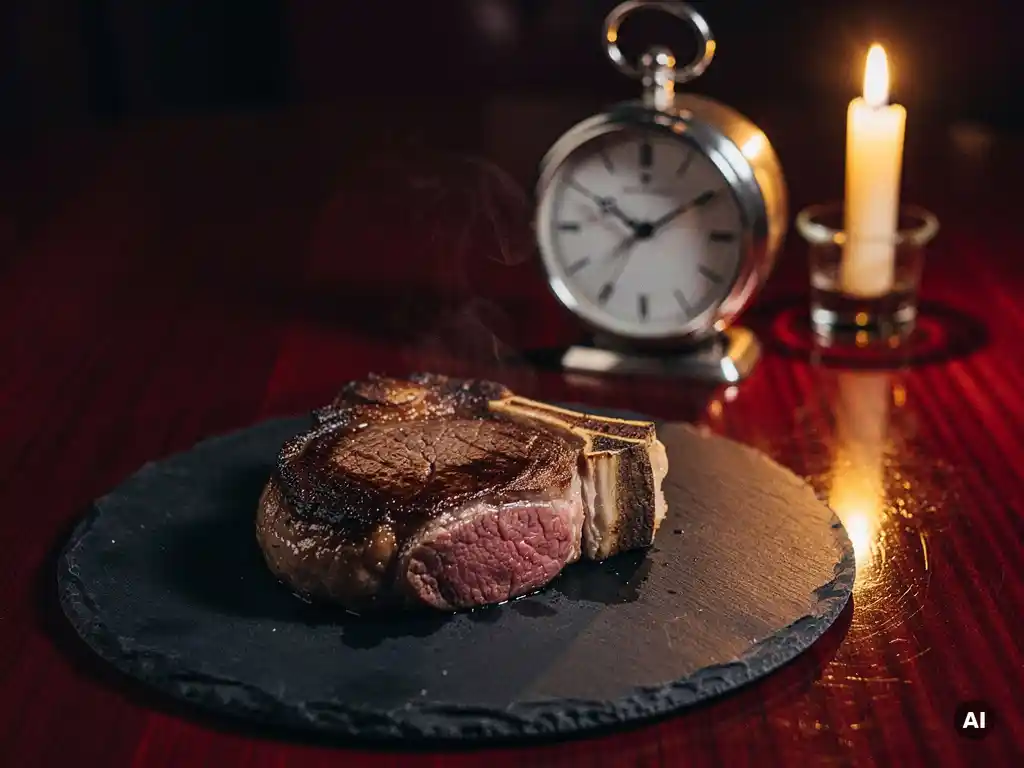 Gesneden prime ribeye steak op leisteen bord naast een elegante tafelklok, verlicht door kaarslicht in een luxe steakhouse.