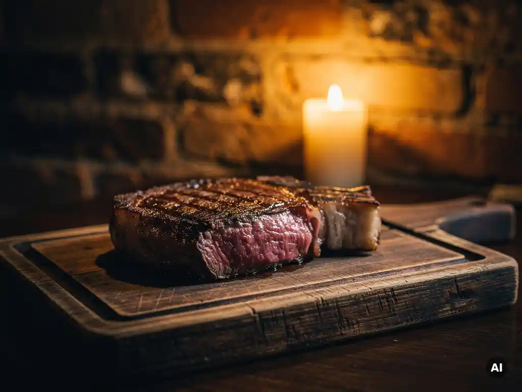 Dik gesneden ribeye op rustiek houten plank, verlicht door kaarslicht in een intiem hoekje van een luxe steakhouse.