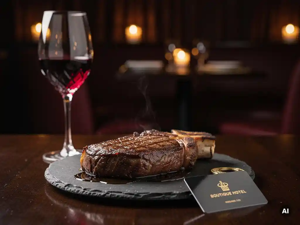 Dik gesneden ribeye op leisteen bord, met rood wijnglas en kaarslicht in sfeervol donker restaurantinterieur.