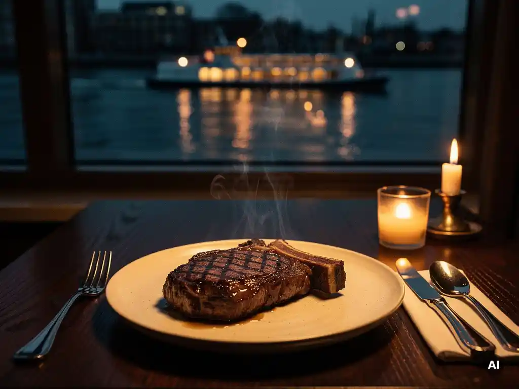 Dik gesneden ribeye op keramisch bord, met zicht op de verlichte IJ-veerboot bij schemering door een restaurantraam.