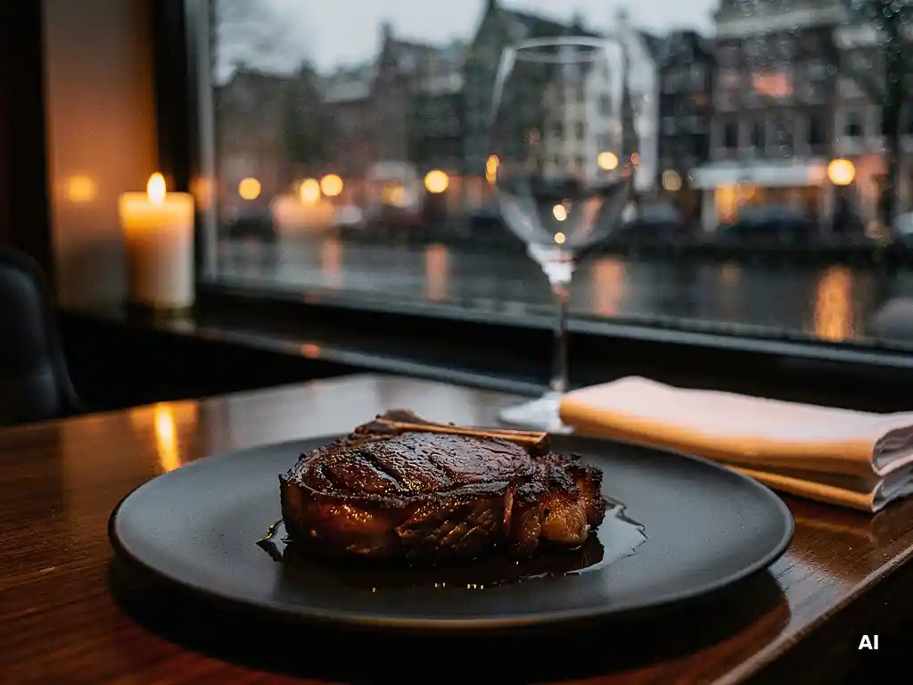 Gegrild ribeye steak op leisteen bord bij kaarslicht, met regenachtig Amsterdams grachtenzicht op de achtergrond.