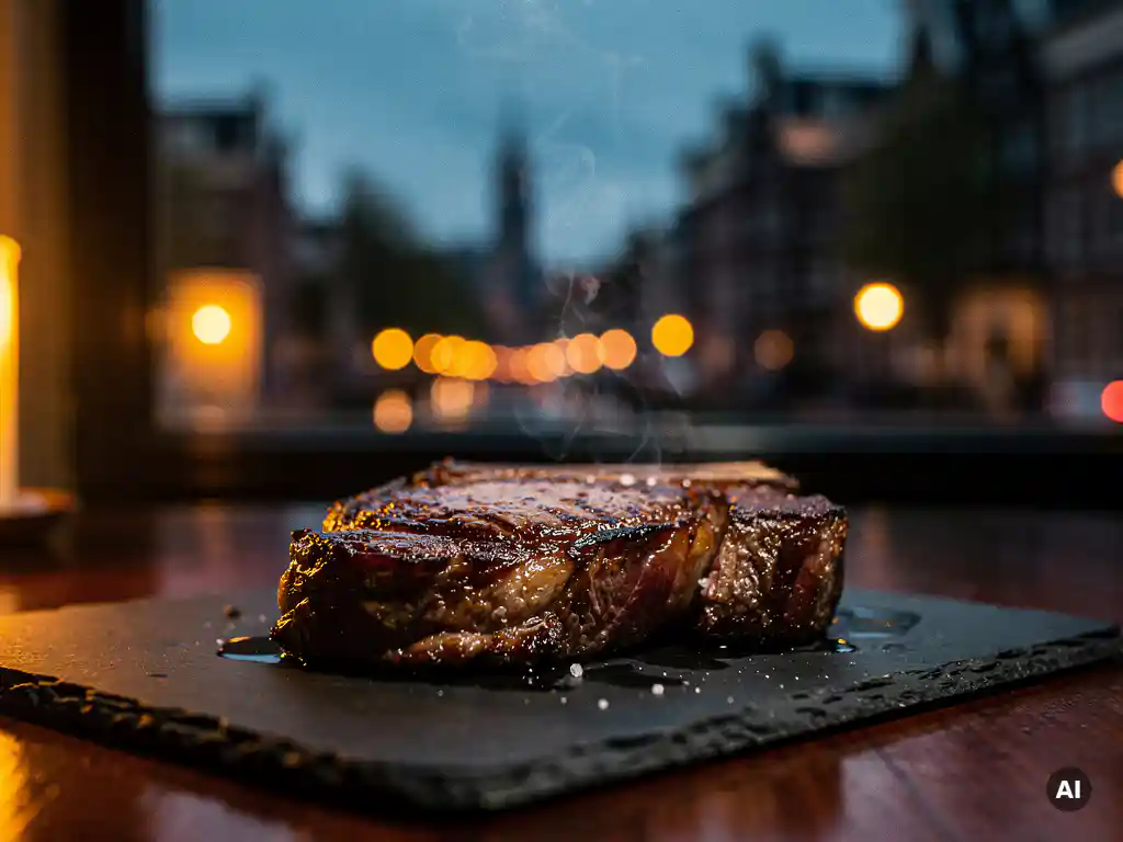 Dik gesneden ribeye steak op leisteen bord, met kaarsverlichting en Amsterdamse grachtenhuizen op de achtergrond.