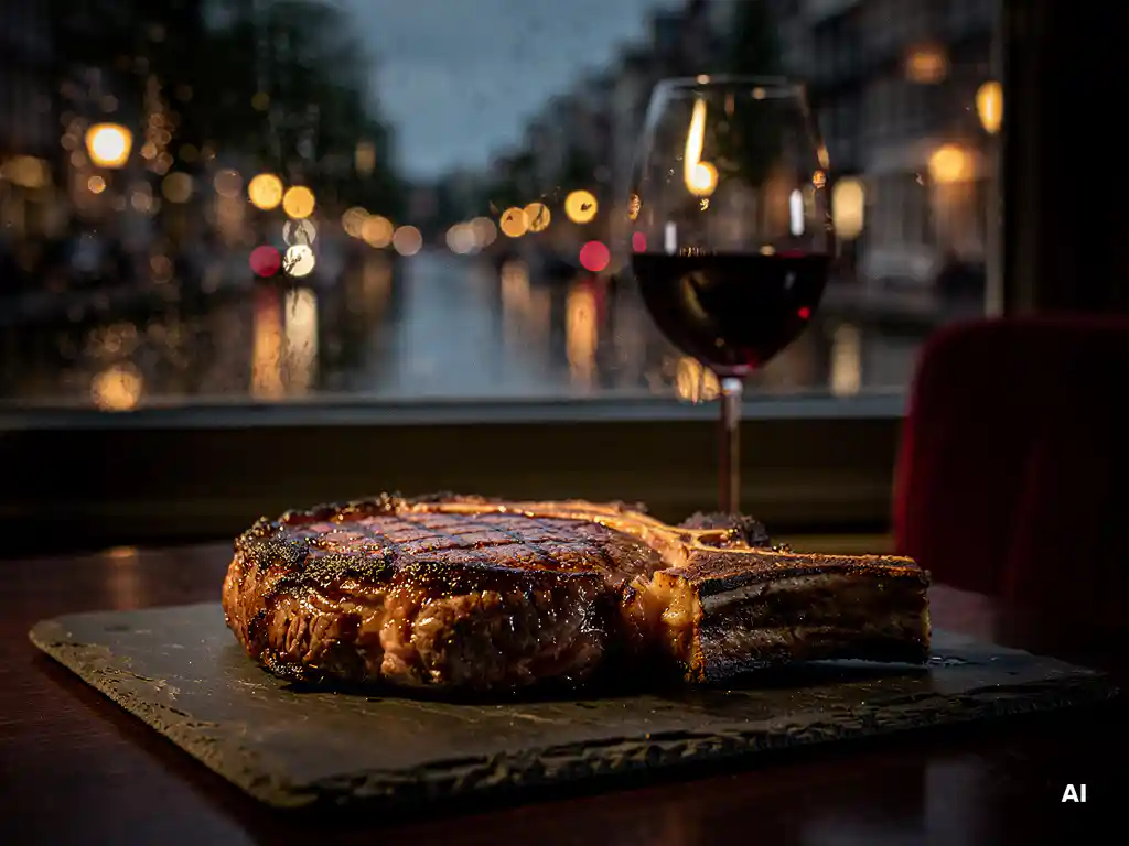 Dik gesneden ribeye steak met gegrilde korst op leisteen bord, glas rode wijn, kaarslicht en Amsterdamse gracht op de achtergrond.