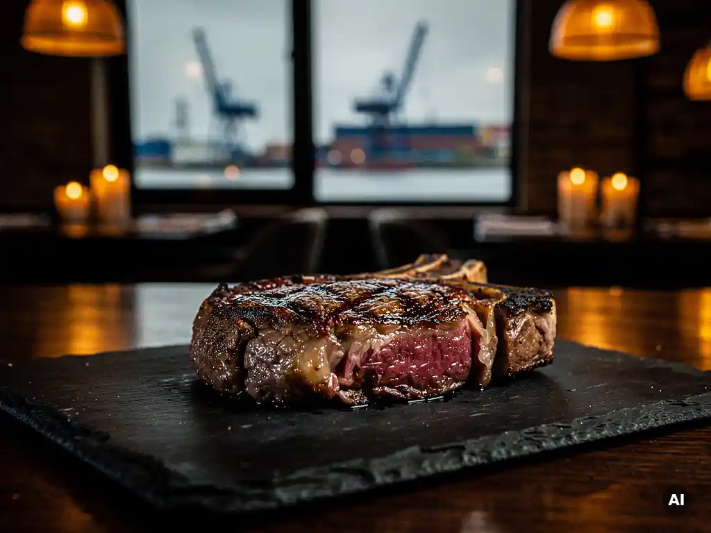 Dik gesneden ribeye steak op leisteen bord, met Amsterdam-Noord industriële waterkant zichtbaar door restaurantraam bij kaarslicht.