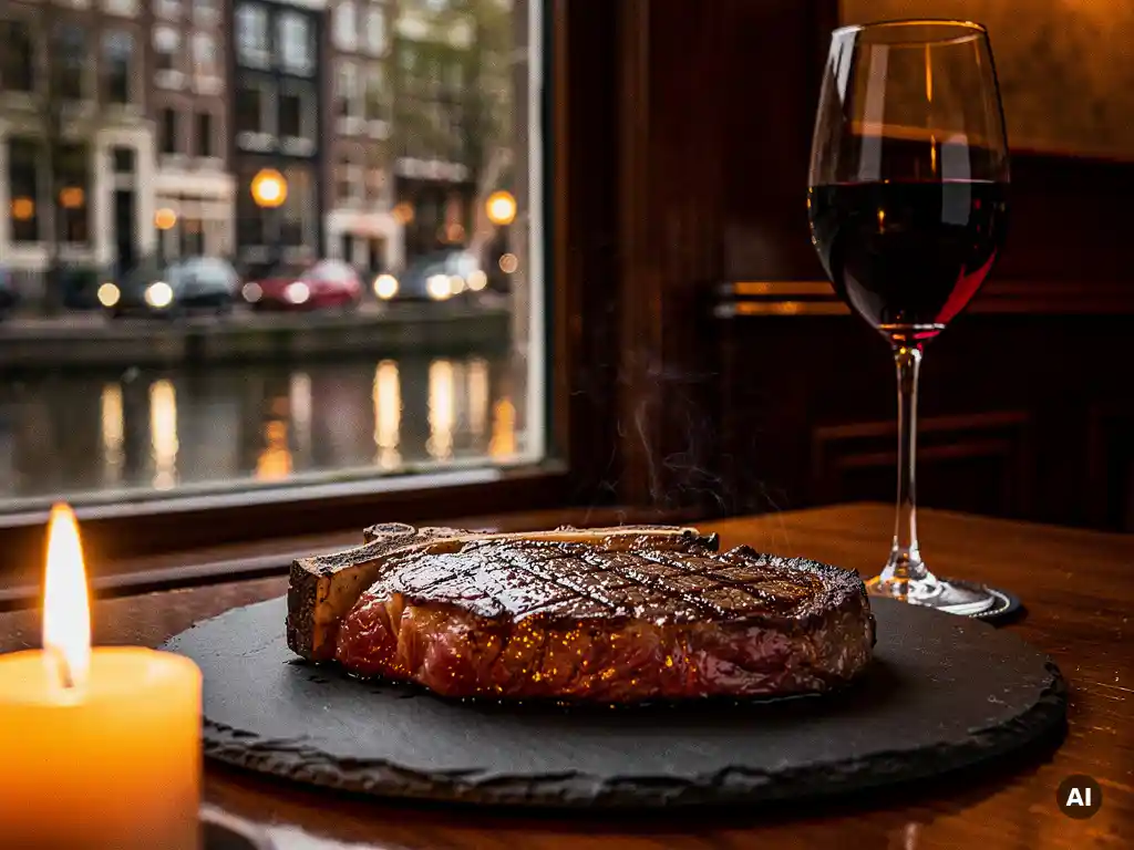 Dik gesneden ribeye steak op leisteen bord met rood wijnglas, kaarslicht en Amsterdamse grachtenreflecties op de achtergrond.