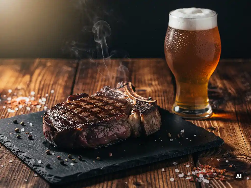 Gegrilde ribeye steak op leisteen met rookwolkjes, craft bier in tulpglas en grof zeezout op rustieke eikenhouten tafel.