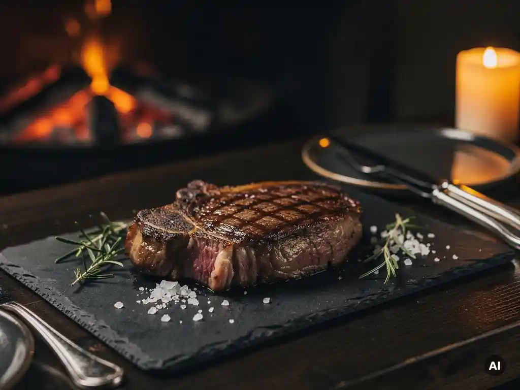 Prime ribeye steak op donkere leisteen, met gloeiende houtskoolvlammen op de achtergrond en kaarslicht op gepolijst bestek.