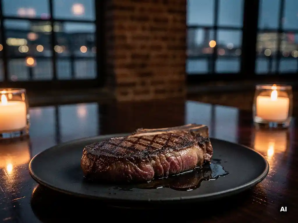 Dik gesneden ribeye steak op leisteen bord, verlicht door kaarslicht in een waterfront restaurant in Amsterdam-Noord.