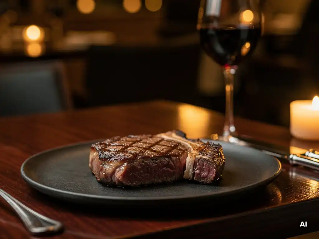 Gegrilde ribeye steak op leisteen bord met rood wijnglas en kaarslicht in een sfeervol fine dining restaurant.