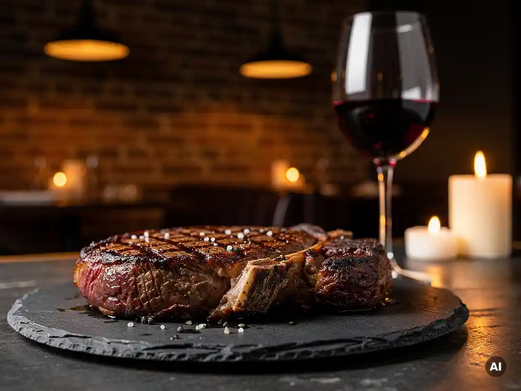 Dik gesneden ribeye steak op leisteen bord, omringd door kaarslicht en een glas rode wijn in sfeervol restaurant.