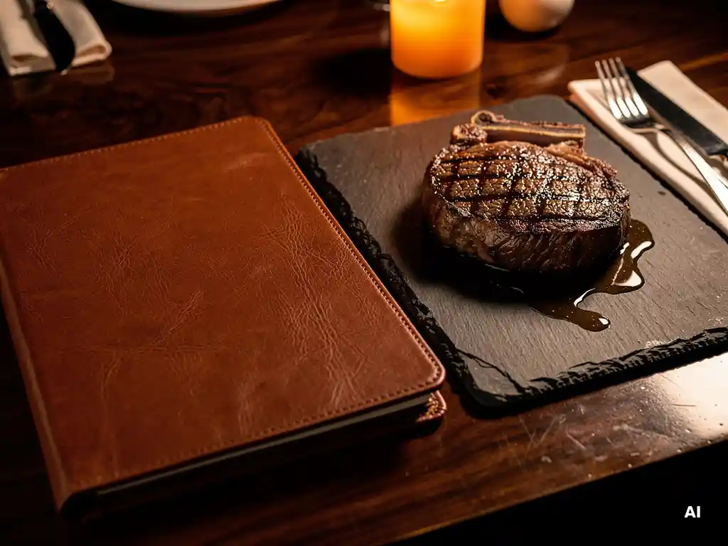 Opengeslagen leren menukaart op walnoothouten tafel naast een perfect dichtgeschroeid ribeye-steak op een leisteen bord, bij kaarslicht.
