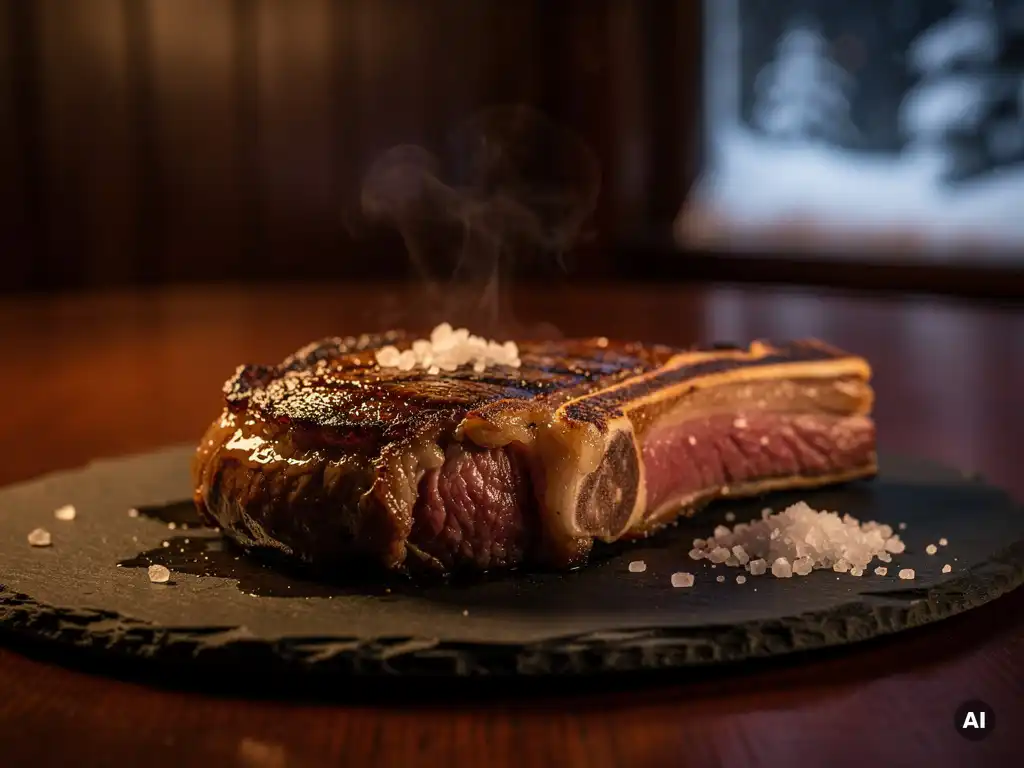 Dik gesneden ribeye steak op leisteen bord, gestoomd in kaarslicht met besneeuwde ramen op de achtergrond en zeezoutkristallen.