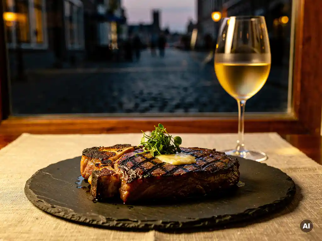 Dik gesneden ribeye steak met grillstrepen op leisteen bord, gegarneerd met verse kruiden, bij kaarslicht in restaurant in Nijmegen.