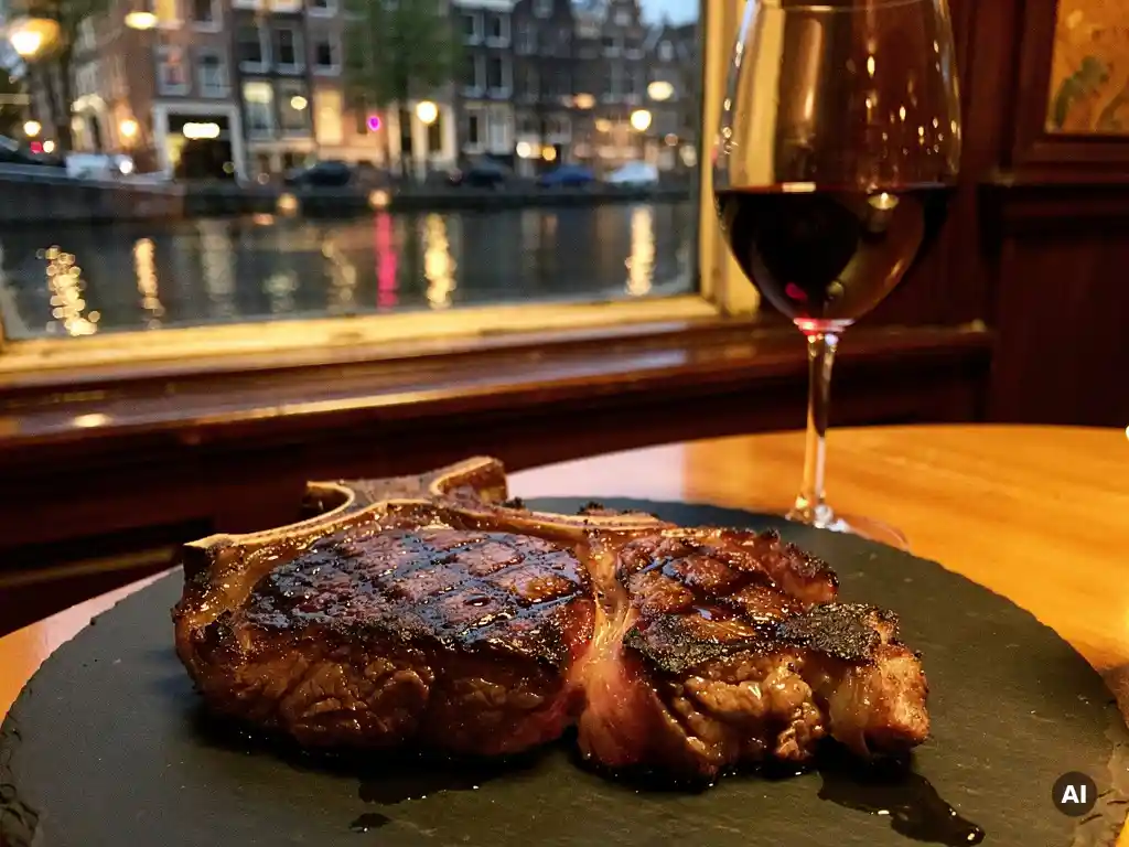 Dik gesneden ribeye steak met grillstrepen op leisteen bord, glas rode wijn, Amsterdamse grachten zichtbaar door restaurantvenster op achtergrond.