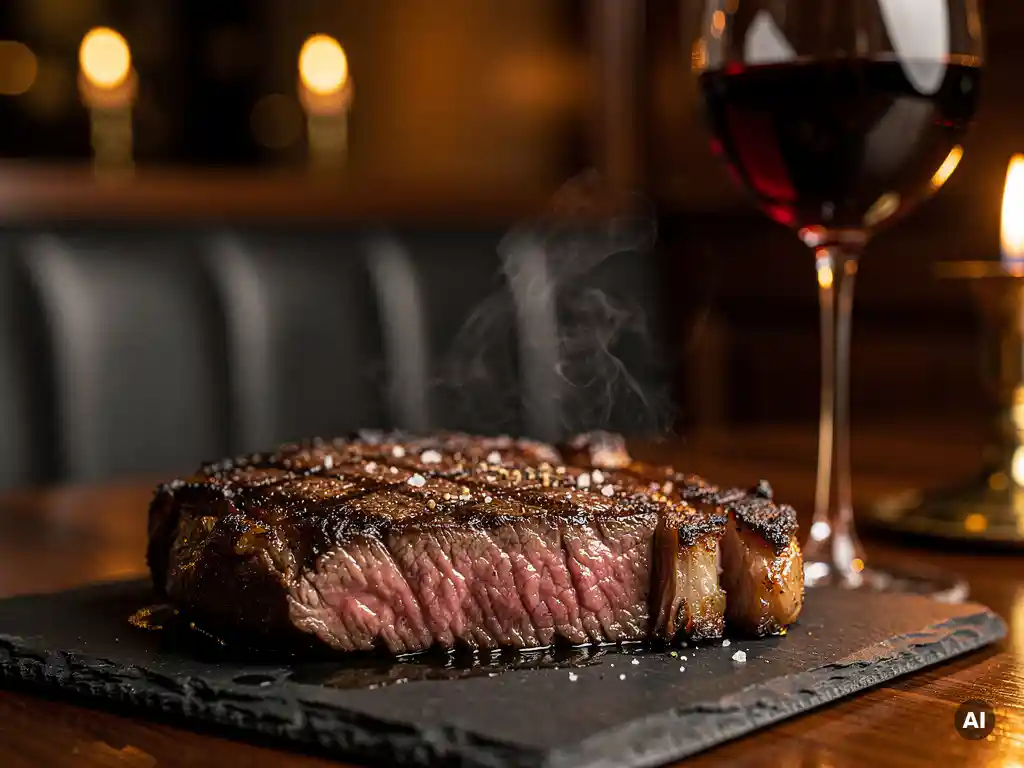 Dik gesneden ribeye steak met goudbruine korst op leisteen bord, naast een glas rode wijn in sfeervol restaurant.