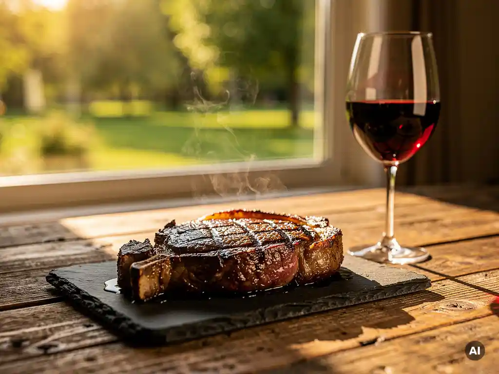 Dik gesneden ribeye steak met grillstrepen op leisteen bord, begeleid door een glas rode wijn in warm middaglicht.