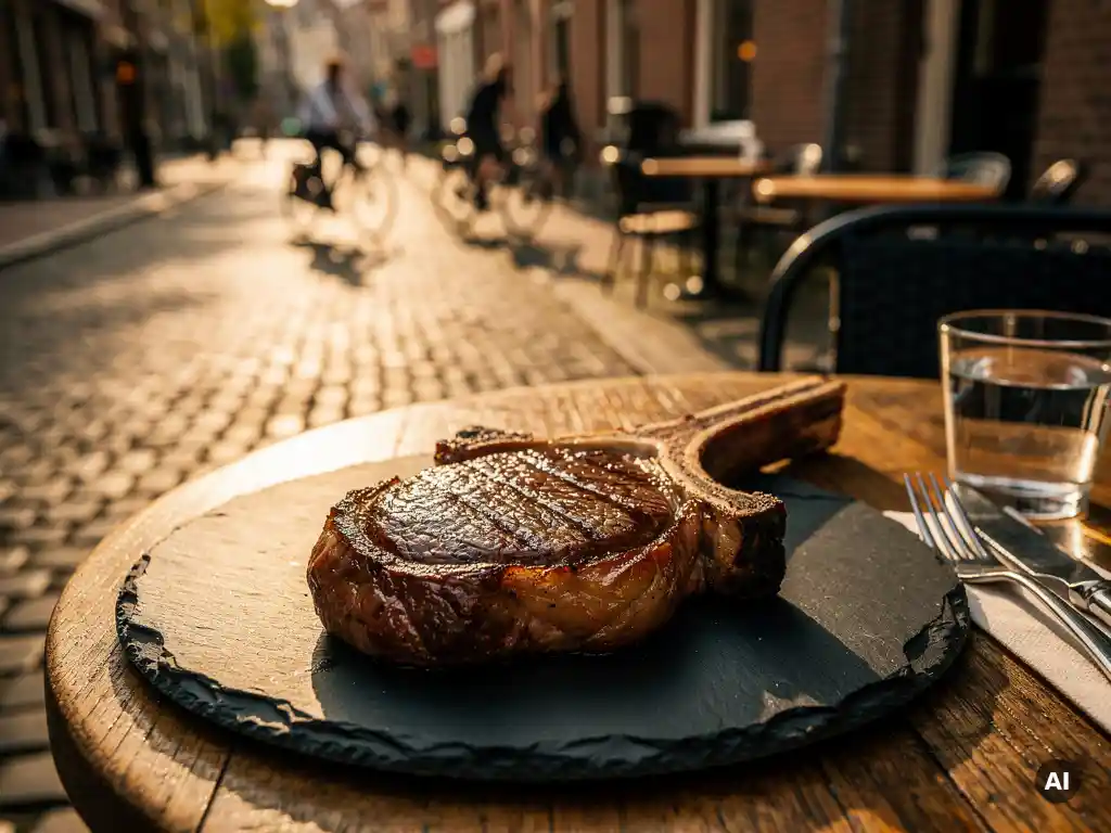 Gegrilde ribeye steak op leisteen bord, geserveerd op zonnig terras met kasseien in Nijmegen, warme gouden middagsfeer.