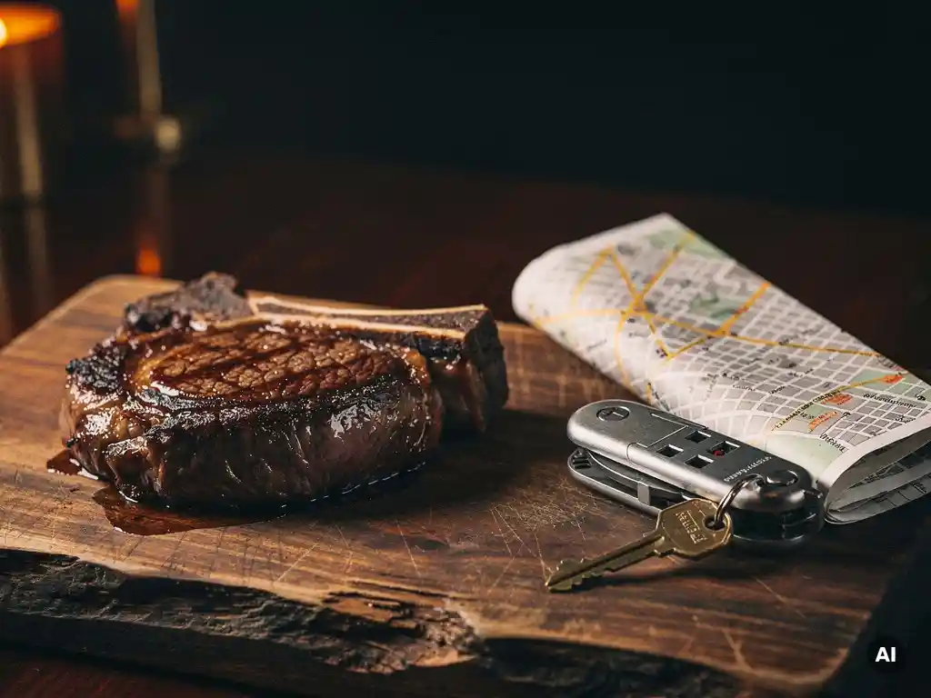 Gegrilde ribeye steak op houten plank met treinsleutels en stadskaart bij kaarslicht in sfeervol steakhouse.