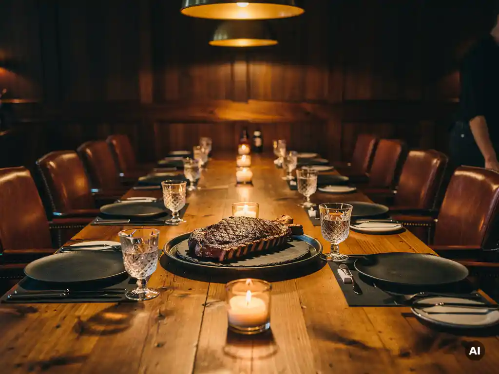Rustieke houten eettafel in een steakhouse met kaarsen, leisteen borden en een perfect gebakken ribeye als middelpunt.