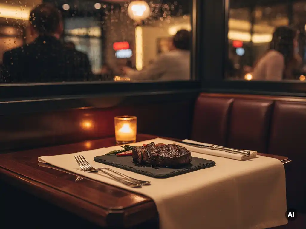 Intiem hoektafeltje voor twee in een sfeervolle steakhouse met een gegrilde ribeye op leisteen, kaarslicht en regendruppels op het raam.
