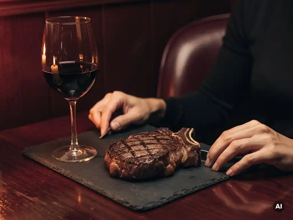 Solo diner aan een kaarsverlichte hoektafel met een perfect dichtgeschroeid ribeye-steak op een leisteen bord en een glas rode wijn.