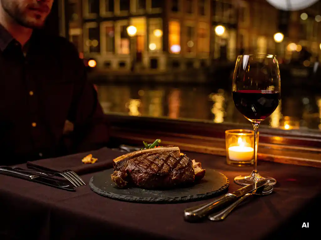 Solo diner met gegrilde ribeye op leisteen bord en glas rode wijn, kaarslicht en Amsterdamse gracht zichtbaar door raam.