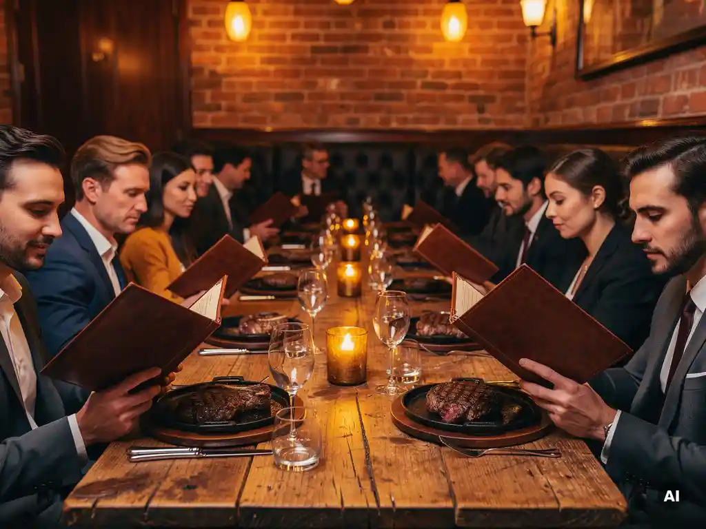 Elegante gasten rond een lange houten tafel in een steakhouse, met ribeye steaks op gietijzeren borden en sfeervolle amberkleurige verlichting.