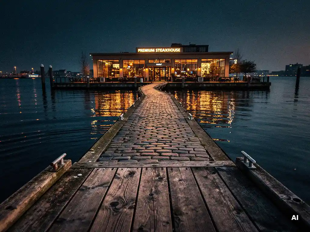 Verweerde houten veerpont aan het IJ bij gouden uur, met een gloeiend steakhouse op de oever van Amsterdam-Noord en amber reflecties op het water.
