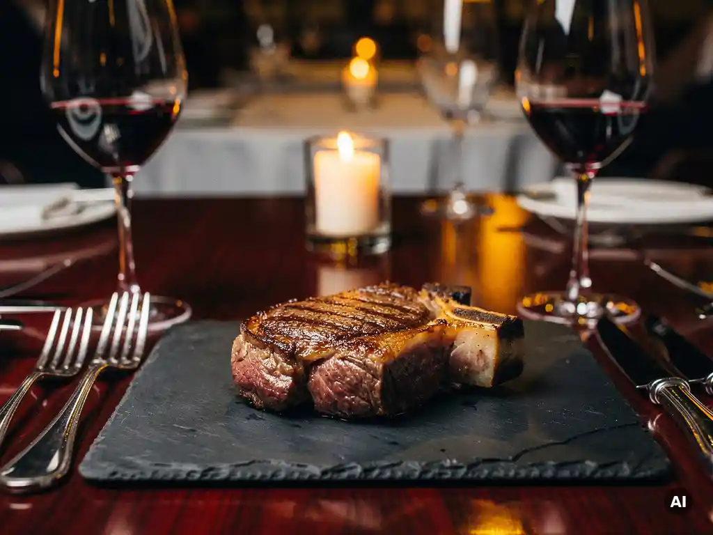 Gesneden Wagyu ribeye op een leistenen plank, omringd door kristallen wijnglazen en zilverwerk bij kaarslicht in een fine-dining restaurant.