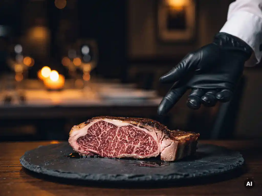 Dik gesneden wagyu ribeye met zichtbare vetmarmering op een leistenen bord, terwijl een sommelier er met gehandschoende hand naar wijst in een kaarsverlicht steakhouse.