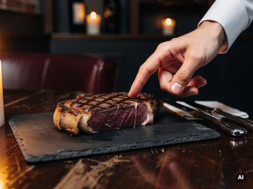 Gemarineerde Wagyu ribeye op leisteen, sommelier wijst naar de marmering bij kaarslicht in een luxe restaurant.