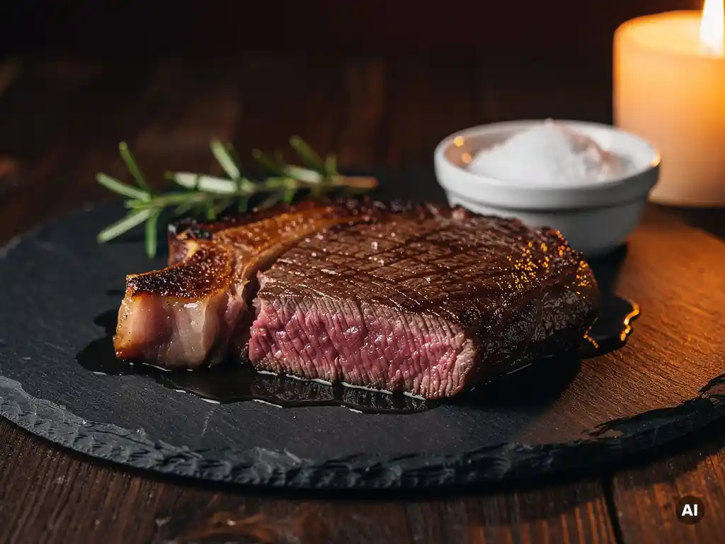 Gesneden Wagyu-steak met zichtbare marmering op een leistenen bord, rozemarijn en zeezout, verlicht door kaarslicht.