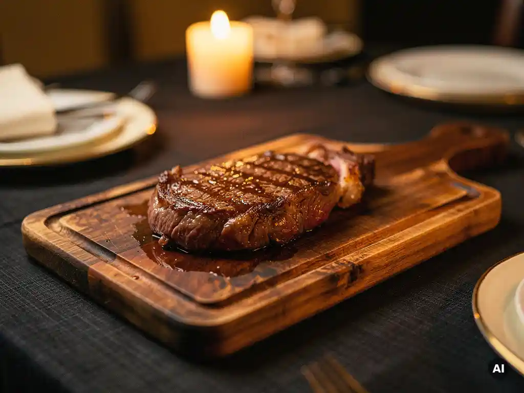 Glisterende Wagyu-steak op rustiek houten plank, met gemarmerd vet in kaarslicht, in een sfeervol upscale restaurant.