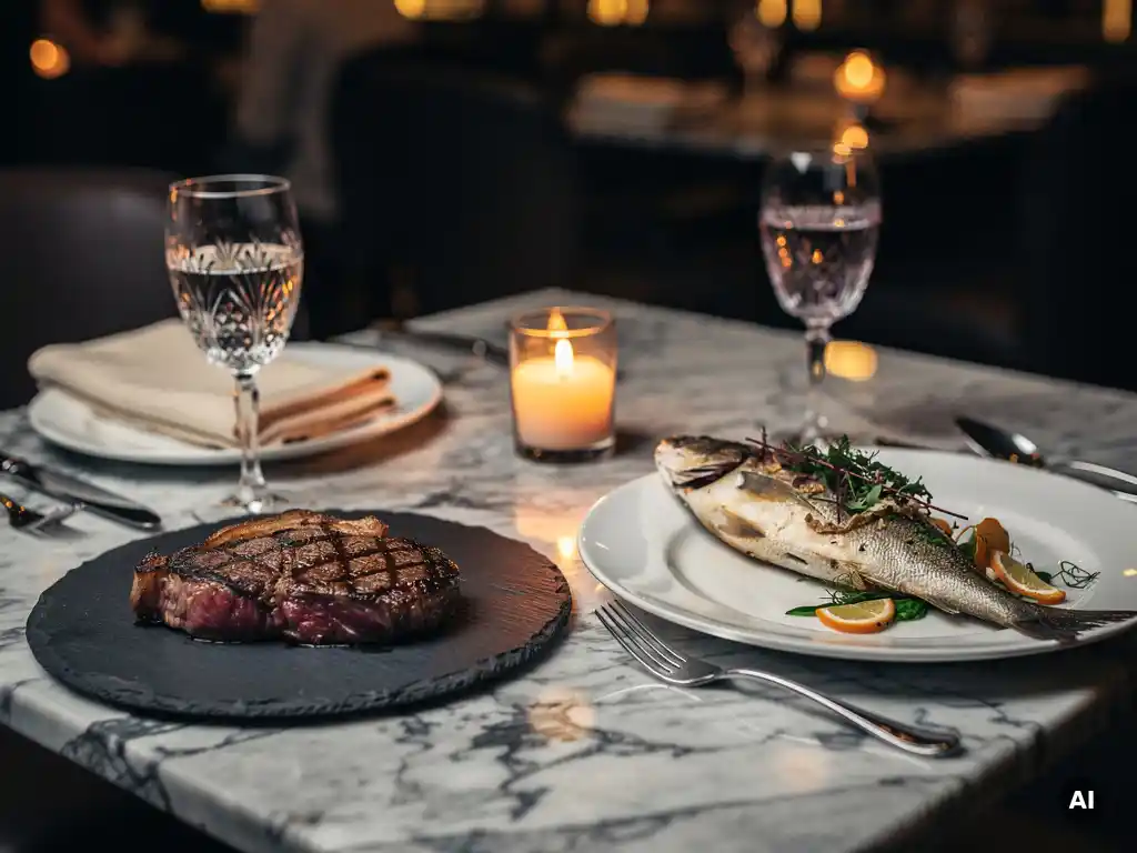 Wagyu steak op leisteen en hele zeebaars op porselein op een marmeren tafel voor twee in een sfeervol fine dining restaurant bij kaarslicht.